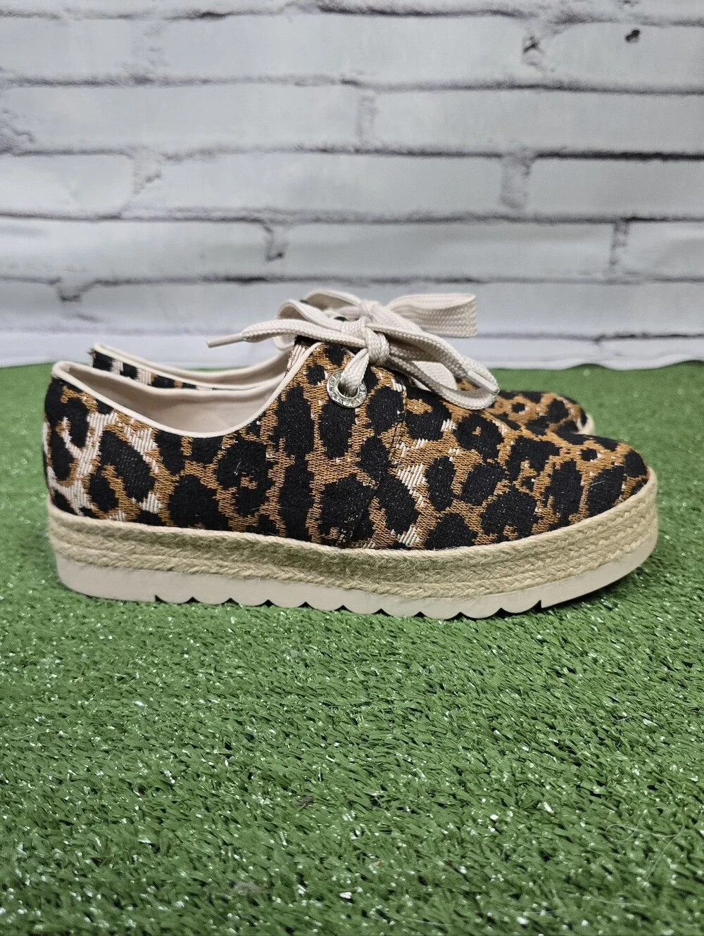 Crown & Ivy Dolly Espadrille Stacked Sole Leopard Woven Canvas Shoes Size 9